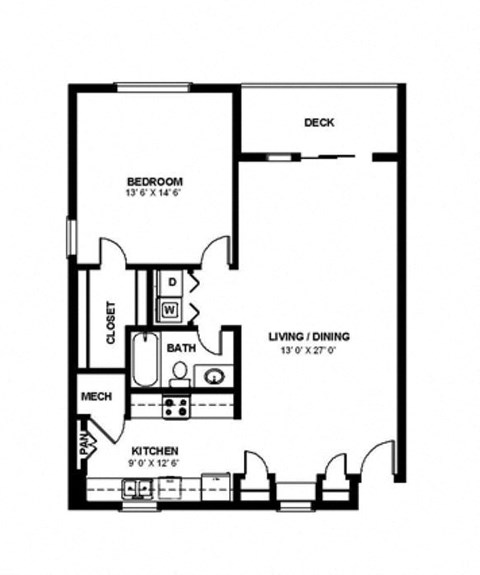 Floor plan for 1 bed, 1 bath, 915 sqft